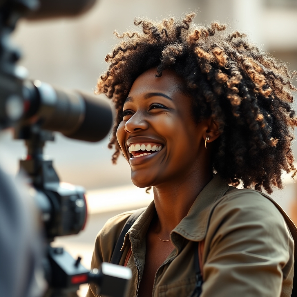 Black woman with coily hair directing a short film on set