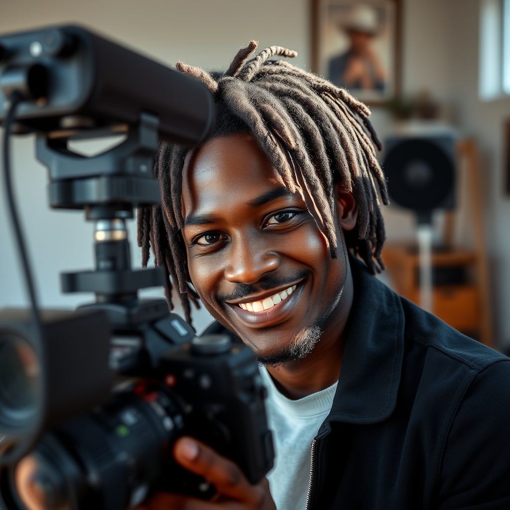 Black man with locs behind a camera rig